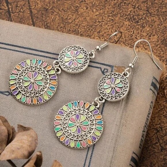 Boho Dangle Earrings Round Double Circle Medallion Hook Earrings - Picture 4 of 5
